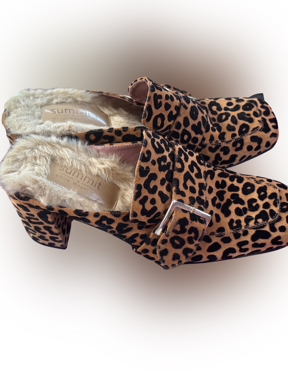 Summit White Mountain Leather Leopard Print Block Heeled Clogs w/Faux Fur Lining